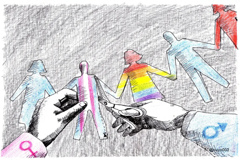 Ilustración representando las manos de la hetero normatividad cortando a la comunidad trans y lgtbiq
